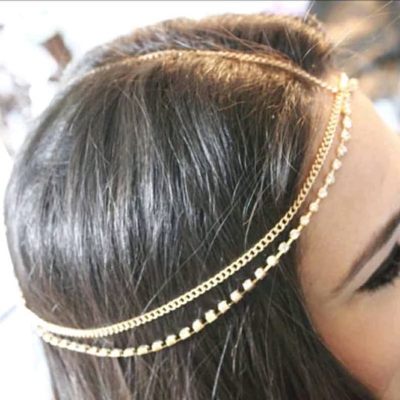 Gold Rhinestone Headpiece, Gypsy Head Chain, Gold Boho Head Chain, Bohemian headpiece, Chain Link Headband,Festive Jewelry,Bridal Hair Piece